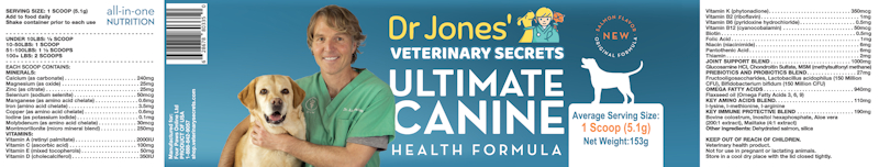 Dr. Jones' Ultimate Canine Health Formula Salmon Flavor label